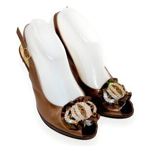 Luxury Louis David Metallic Copper Brown Leather Swarovski Crystal Heels 38 7.5